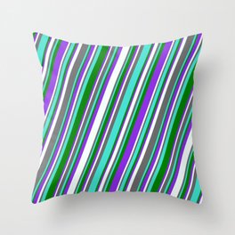 [ Thumbnail: Dim Grey, Turquoise, Green, Purple & Mint Cream Colored Lined Pattern Throw Pillow ]