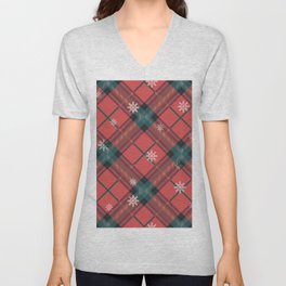 Christmas Winter Snowflakes Red Buffalo Plaid Check Pattern V Neck T Shirt