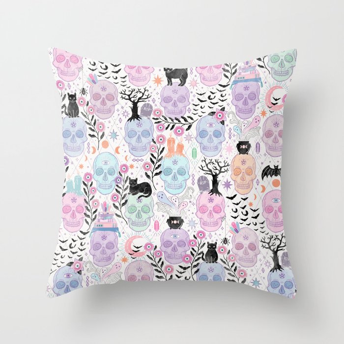 Pastel candy-colored skulls with cats, bats, and witchy things - halloween, bone Throw Pillow