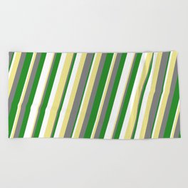 [ Thumbnail: Tan, Gray, Forest Green, and White Colored Stripes Pattern Beach Towel ]