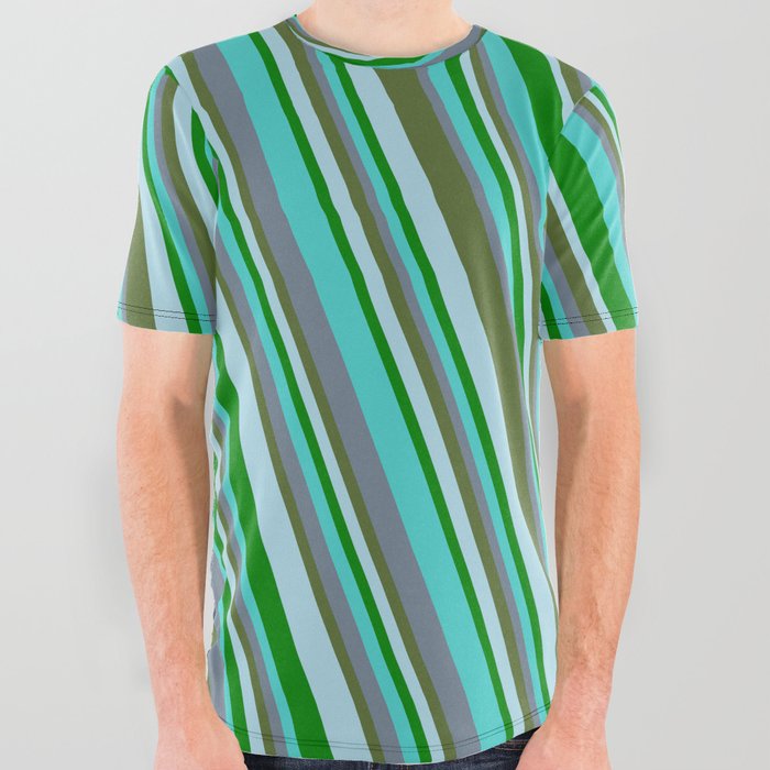 Turquoise, Slate Gray, Dark Olive Green, Light Blue, and Green Colored Striped/Lined Pattern All Over Graphic Tee