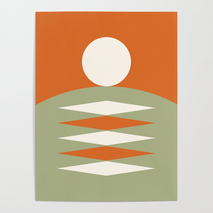 Abstract Geometric Sunrise 17 in Sage Green Orange Poster