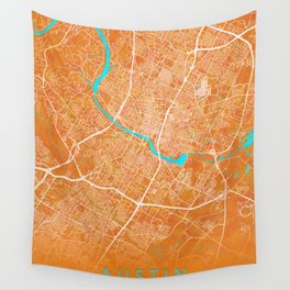 Austin, TX, USA, Gold, Blue, City, Map Wall Tapestry