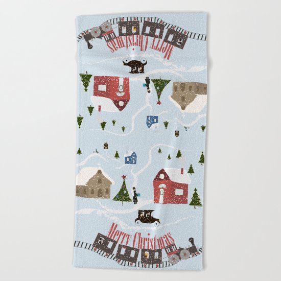 Retro vintage greeting art Merry Christmas Beach Towel