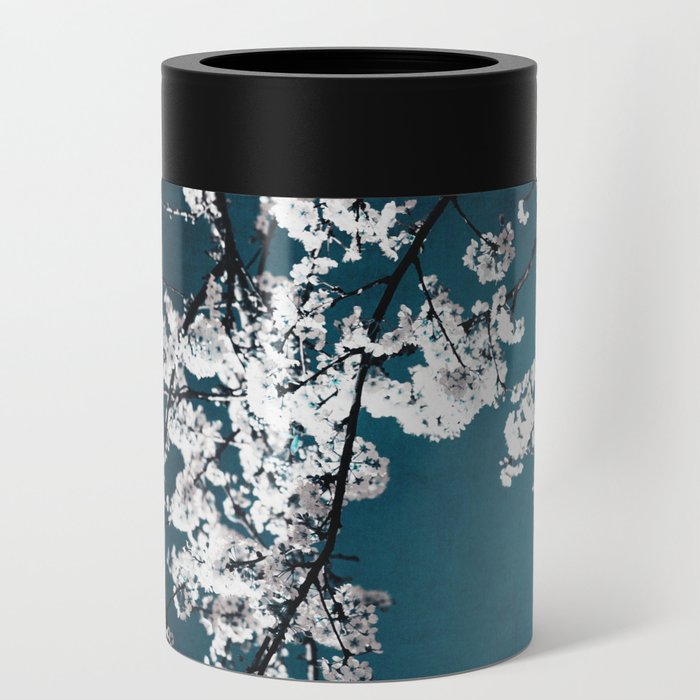 White Blossoms Tree Print - Flowers in Teal - Elegant Floral -  Japanese Nature photography Can Cooler