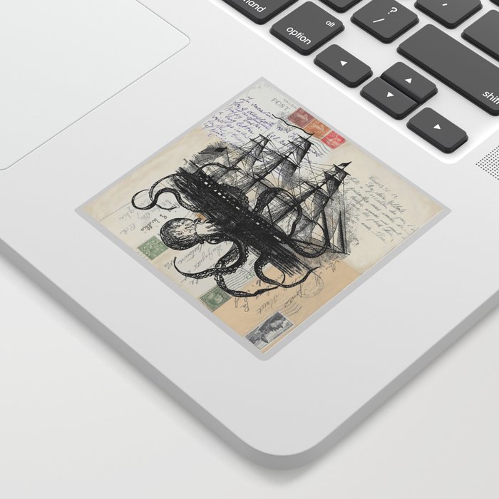 Octopus Kraken Attacking Ship on Old Postcards Sticker