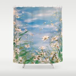 Flower field of magnificent white daffodils. Summer landscape lawn of blossoming flowers. Shower Curtain
