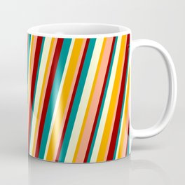 [ Thumbnail: Colorful Orange, Light Salmon, Dark Red, Teal & Light Yellow Colored Lines Pattern Coffee Mug ]