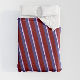 [ Thumbnail: Orchid, Lavender, Dark Slate Blue, and Maroon Colored Striped Pattern Duvet Cover ]