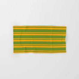 [ Thumbnail: Green & Orange Colored Lined/Striped Pattern Hand & Bath Towel ]