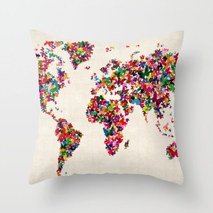 Butterflies Map of the World Map Throw Pillow