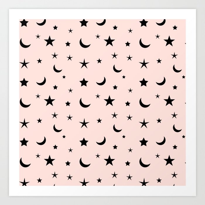 Black Moon And Star Pattern On Pink Background Art Print By