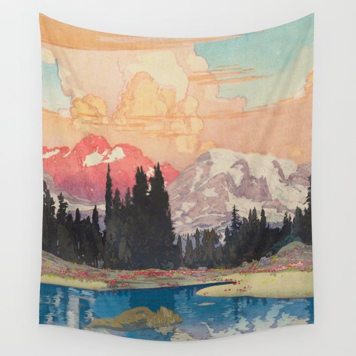 Storms over Keiisino - Winter Mountain & Forest Ukiyoe Nature Landscape in Pink, Blue, and Green Wall Tapestry