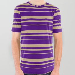 [ Thumbnail: Indigo & Tan Colored Pattern of Stripes All Over Graphic Tee ]
