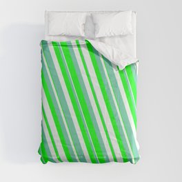 [ Thumbnail: Aquamarine, Lime & Mint Cream Colored Lines Pattern Comforter ]