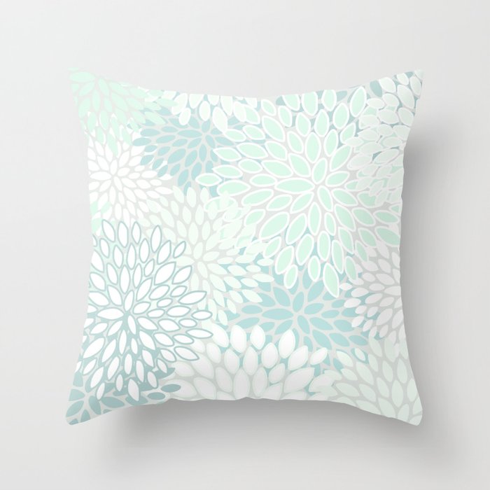 Floral Blooms, Soft Teal and Mint Throw Pillow