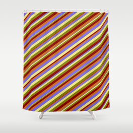[ Thumbnail: Eyecatching Medium Slate Blue, Tan, Green, Dark Red & Chocolate Colored Striped/Lined Pattern Shower Curtain ]