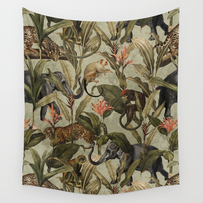 Antique Exotic Animals And Safari Jungle  Wall Tapestry