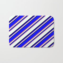 [ Thumbnail: Blue, Light Coral, Mint Cream & Black Colored Lined Pattern Bath Mat ]