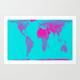 World Map : Gall Peters Turquoise & Pink Art Print