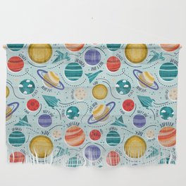 Paper space adventure I // aqua background multicoloured solar system paper cut planets origami paper spaceships and rockets Wall Hanging