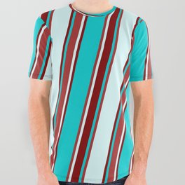 [ Thumbnail: Dark Turquoise, Brown, Light Cyan, and Maroon Colored Lined/Striped Pattern All Over Graphic Tee ]