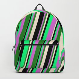 [ Thumbnail: Vibrant Green, Orchid, Forest Green, Beige & Black Colored Striped Pattern Backpack ]