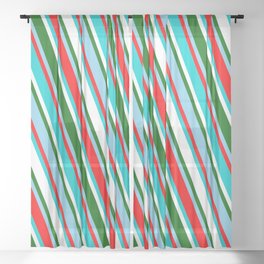 [ Thumbnail: Sky Blue, Red, Dark Turquoise, White, and Dark Green Colored Striped Pattern Sheer Curtain ]
