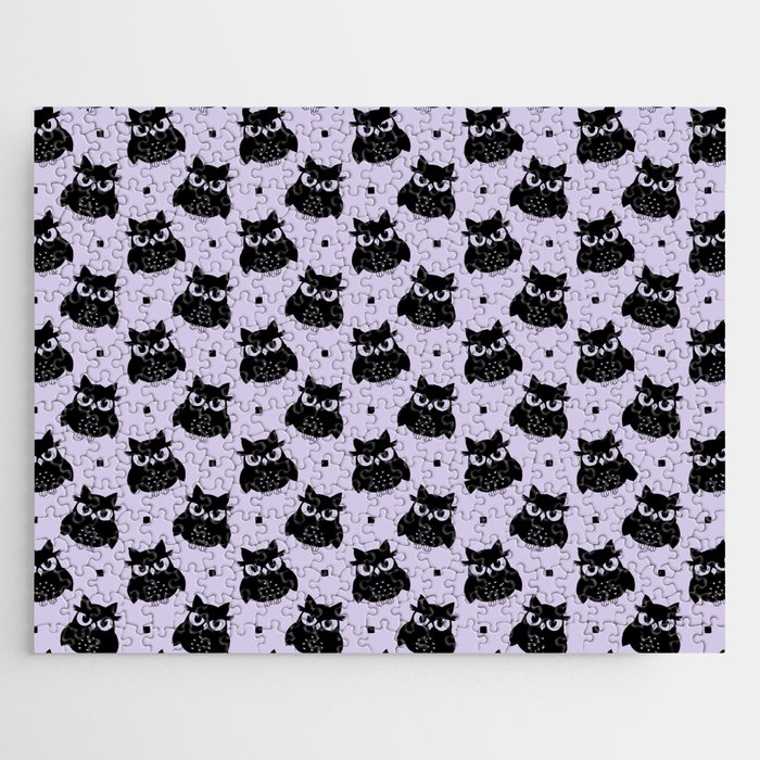 Black Cute Owl Seamless Pattern on Lilac Background Jigsaw Puzzle