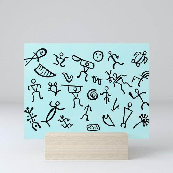 Hawaiian Petroglyphs - black pen on turquoise Mini Art Print