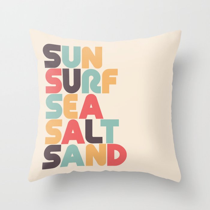 Sun Surf Sea Salt Sand Typography - Retro Rainbow Throw Pillow