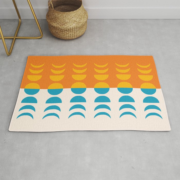 Moon Phases 8 in Shades of Blue Orange beige gold Rug