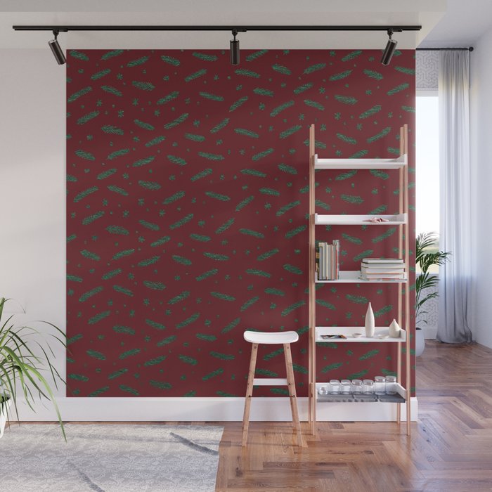 Christmas branches and stars - burgundy and green Wall Mural