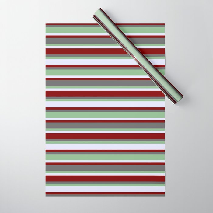 Dim Gray, Dark Sea Green, Lavender & Maroon Colored Stripes/Lines Pattern Wrapping Paper