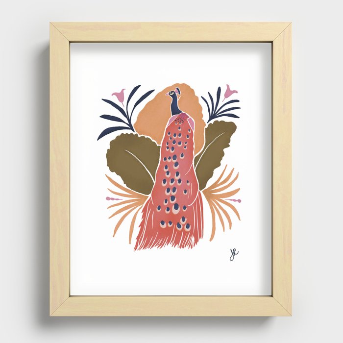 Modern Pink Blue Peacock Recessed Framed Print