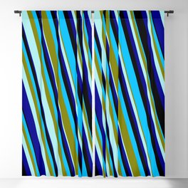 [ Thumbnail: Eyecatching Deep Sky Blue, Green, Turquoise, Dark Blue, and Black Colored Pattern of Stripes Blackout Curtain ]