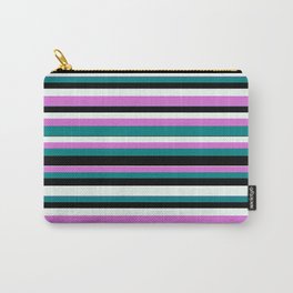 [ Thumbnail: Orchid, Teal, Black, and Mint Cream Colored Striped/Lined Pattern Carry-All Pouch ]