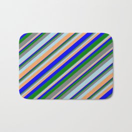 [ Thumbnail: Colorful Blue, Green, Grey, Light Blue, and Brown Colored Stripes Pattern Bath Mat ]