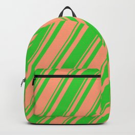 [ Thumbnail: Light Salmon & Lime Green Colored Lines Pattern Backpack ]