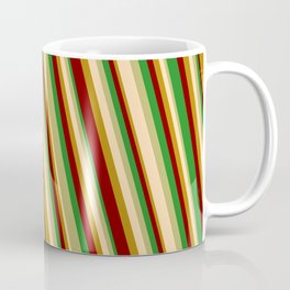 [ Thumbnail: Eye-catching Forest Green, Dark Khaki, Tan, Dark Goldenrod & Maroon Colored Stripes Pattern Coffee Mug ]