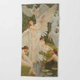 White Swans and the Maidens angelic garden landscape painting by Walter Crane  Beach Towel