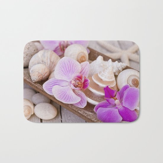 Pink Orchid and Sea Shell Maritime Still Life Bath Mat