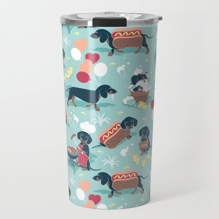 Hot dogs and lemonade // aqua background navy dachshunds Travel Mug