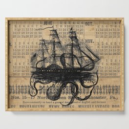 Octopus Kraken attacking Ship Antique Almanac Paper Serving Tray