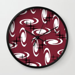 Retro Atomic Age Swirls Stars Pattern Maroon Wall Clock