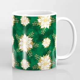 White Gold Poinsettia Green Holiday Pattern Coffee Mug