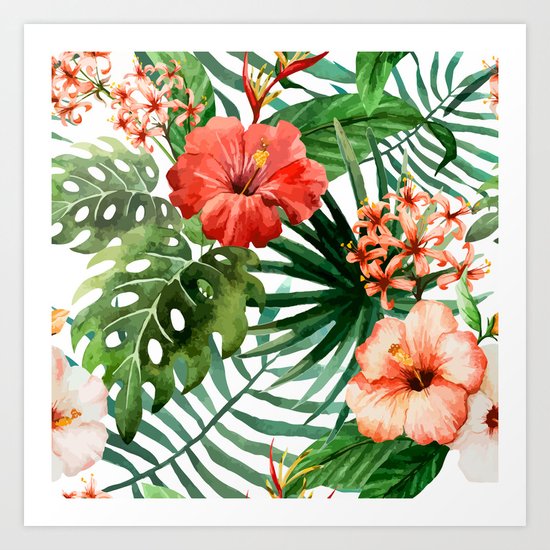 Hibiscus and Palm Leaf Pattern Art Print