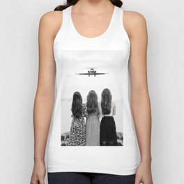 Sisters stand united II; airplane coming in for a landing head on at three women sisterhood girl power black and white photograph - photography - photographs Unisex Tank Top
