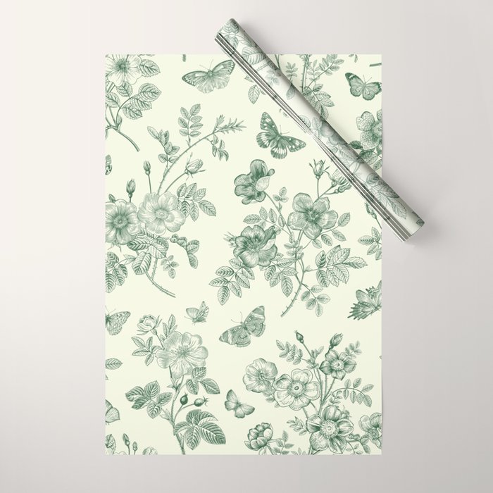 Toile de Jouy Wild Roses Forest Green Floral Wrapping Paper by