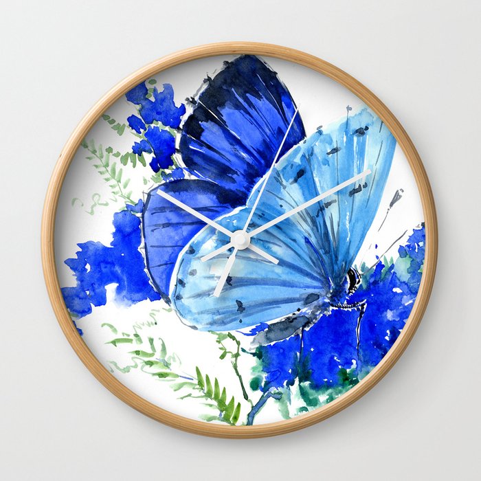 Blue Butterfly, blue butterfly lover blue room design floral nature Wall Clock